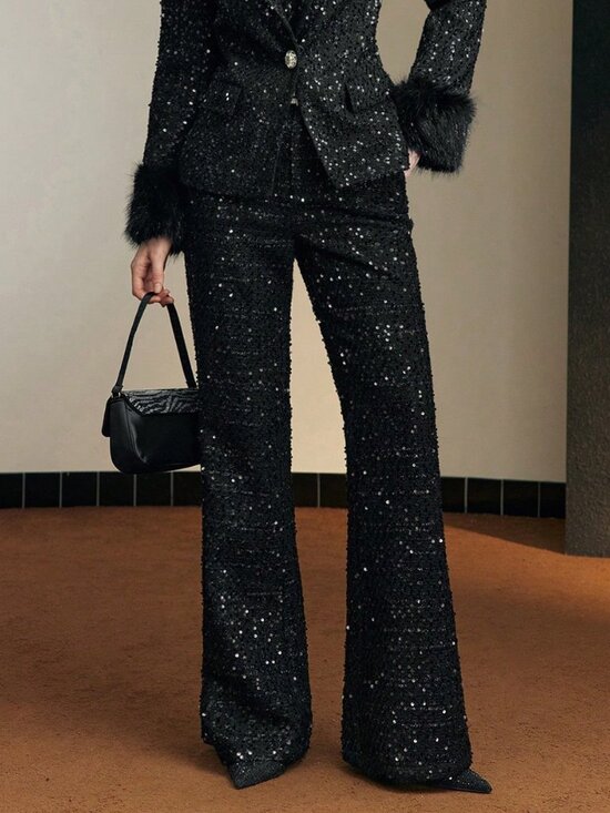 Black Party Women's Sequin Tailored Flare Leg Suit Pants - Picture 1 of 8